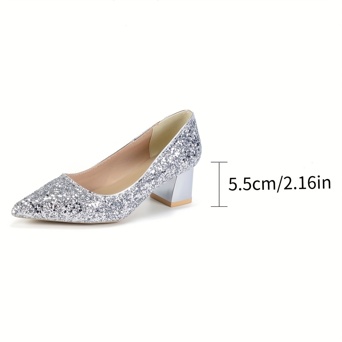 Women s Solid Color Glitter Shoes, Shallow Mouth Slip On Casual Chunky Heel Shoes, Sequins Decor Point Toe Party Show Shoes details 5