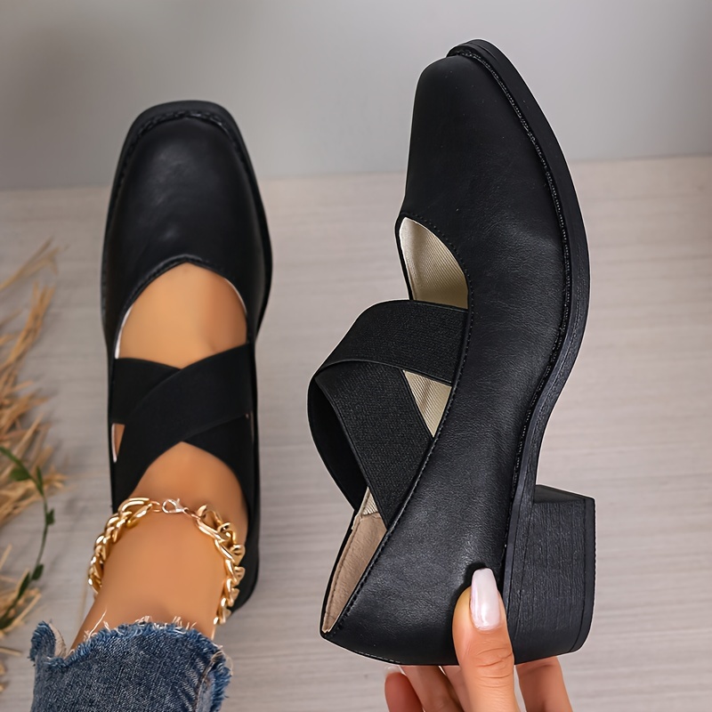 Women s Retro Chunky Low Heels, Crisscross Elastic Band Slip On Shoes, Casual All-Match Square Toe Low Heels details 0