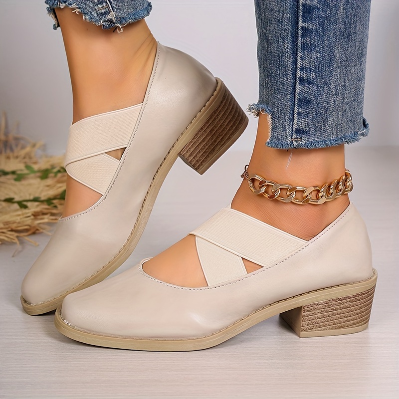 Women s Retro Chunky Low Heels, Crisscross Elastic Band Slip On Shoes, Casual All-Match Square Toe Low Heels details 1