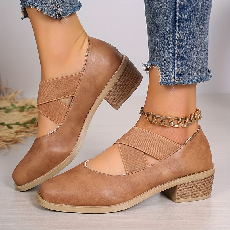 Women s Retro Chunky Low Heels, Crisscross Elastic Band Slip On Shoes, Casual All-Match Square Toe Low Heels details 2