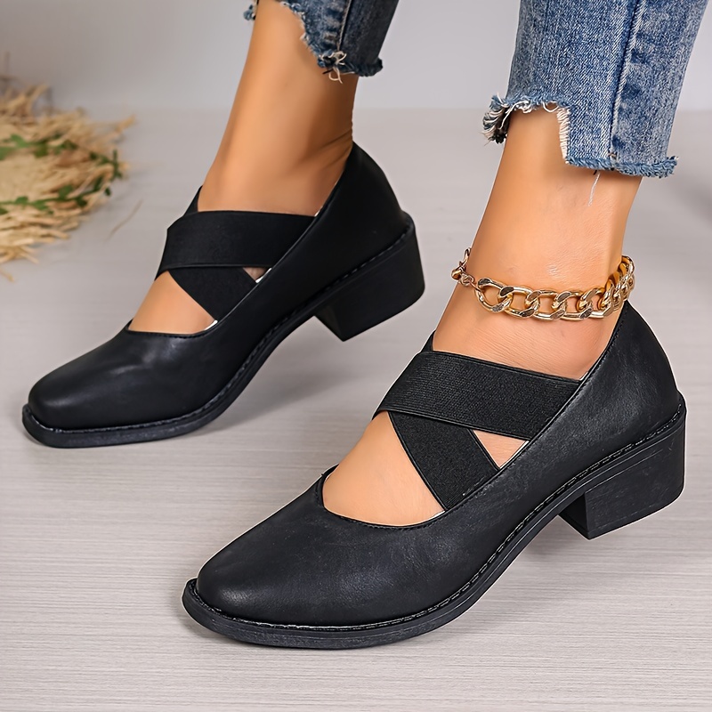 Women s Retro Chunky Low Heels, Crisscross Elastic Band Slip On Shoes, Casual All-Match Square Toe Low Heels details 3