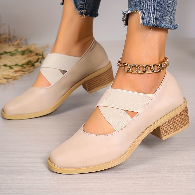 Women s Retro Chunky Low Heels, Crisscross Elastic Band Slip On Shoes, Casual All-Match Square Toe Low Heels details 4