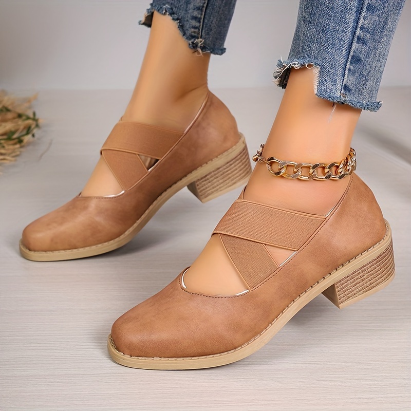 Women s Retro Chunky Low Heels, Crisscross Elastic Band Slip On Shoes, Casual All-Match Square Toe Low Heels details 5