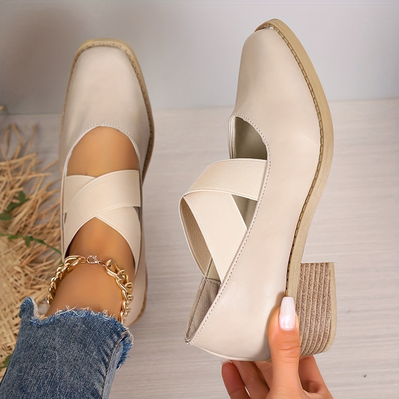 Women s Retro Chunky Low Heels, Crisscross Elastic Band Slip On Shoes, Casual All-Match Square Toe Low Heels details 6