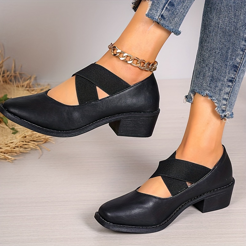 Women s Retro Chunky Low Heels, Crisscross Elastic Band Slip On Shoes, Casual All-Match Square Toe Low Heels details 7