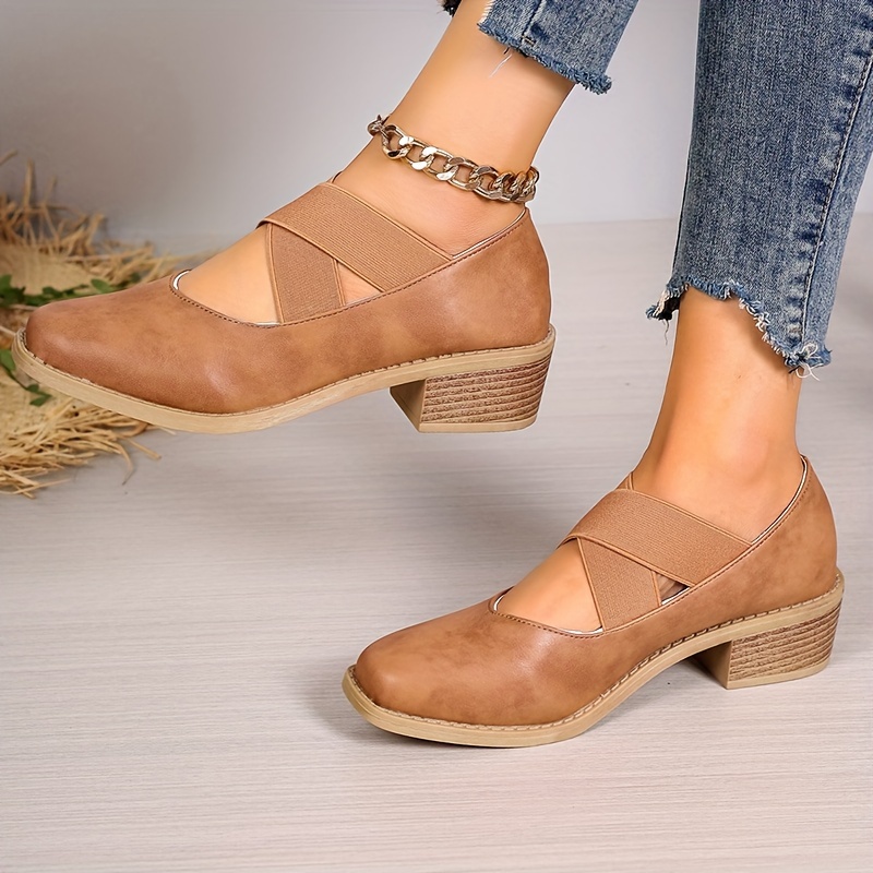 Women s Retro Chunky Low Heels, Crisscross Elastic Band Slip On Shoes, Casual All-Match Square Toe Low Heels details 8