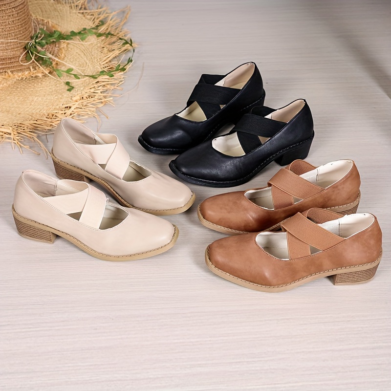 Women s Retro Chunky Low Heels, Crisscross Elastic Band Slip On Shoes, Casual All-Match Square Toe Low Heels details 9