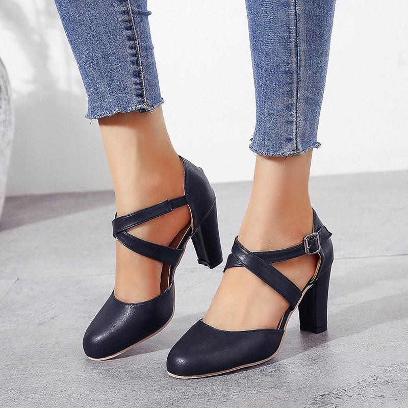 womens cross strap chunky high heels solid color round toe dorsay pumps buckle strap sandals details 0