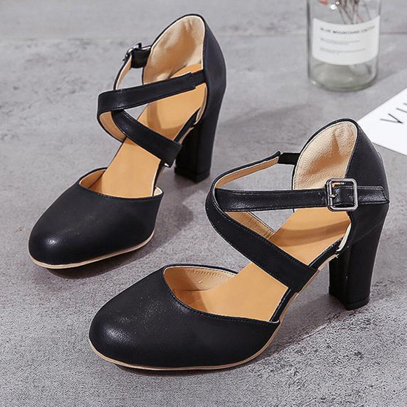 womens cross strap chunky high heels solid color round toe dorsay pumps buckle strap sandals details 2