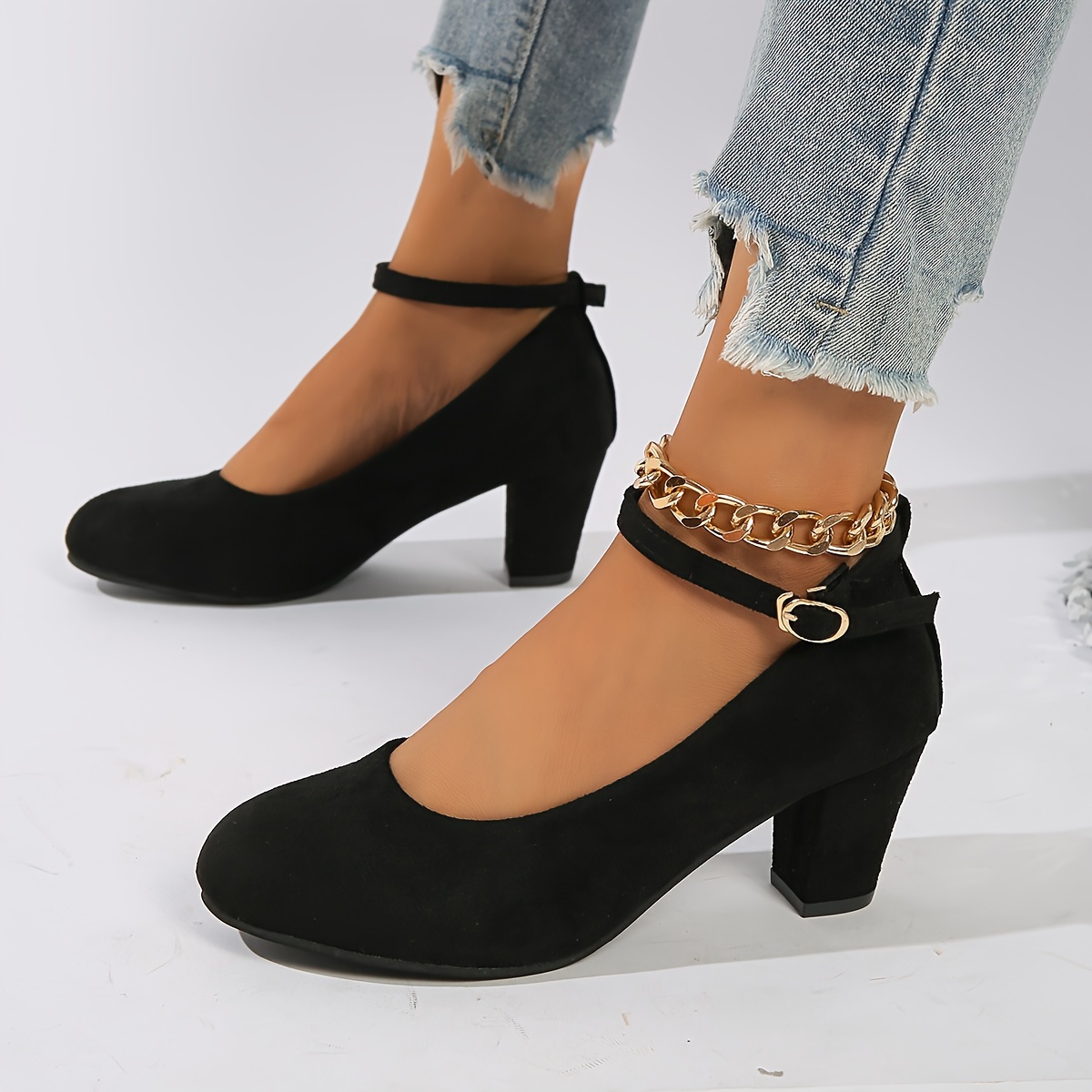 womens solid color casual shoes ankle buckle strap chunky heel soft sole shoes versatile round toe shoes details 2