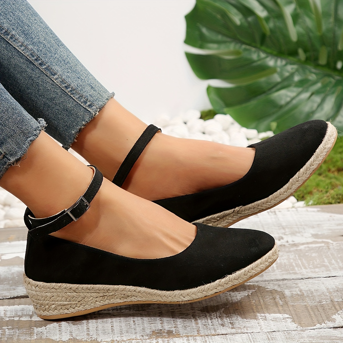 womens espadrilles wedge heel shoes comfy solid ankle buckle strap anti skid heels casual walking shoes details 0