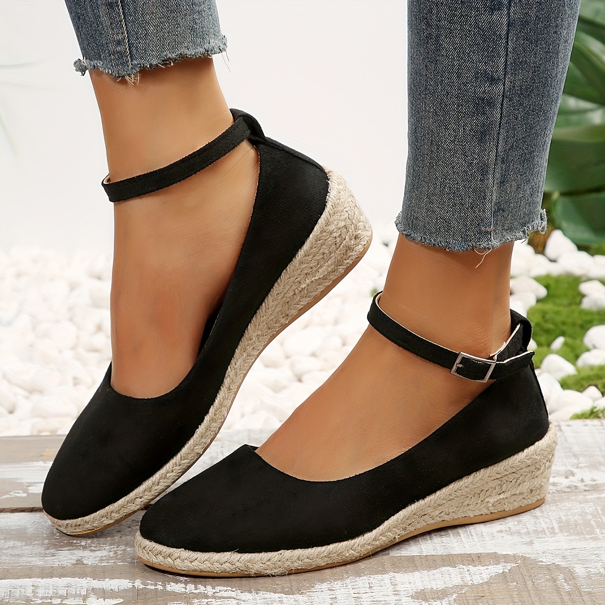 womens espadrilles wedge heel shoes comfy solid ankle buckle strap anti skid heels casual walking shoes details 1