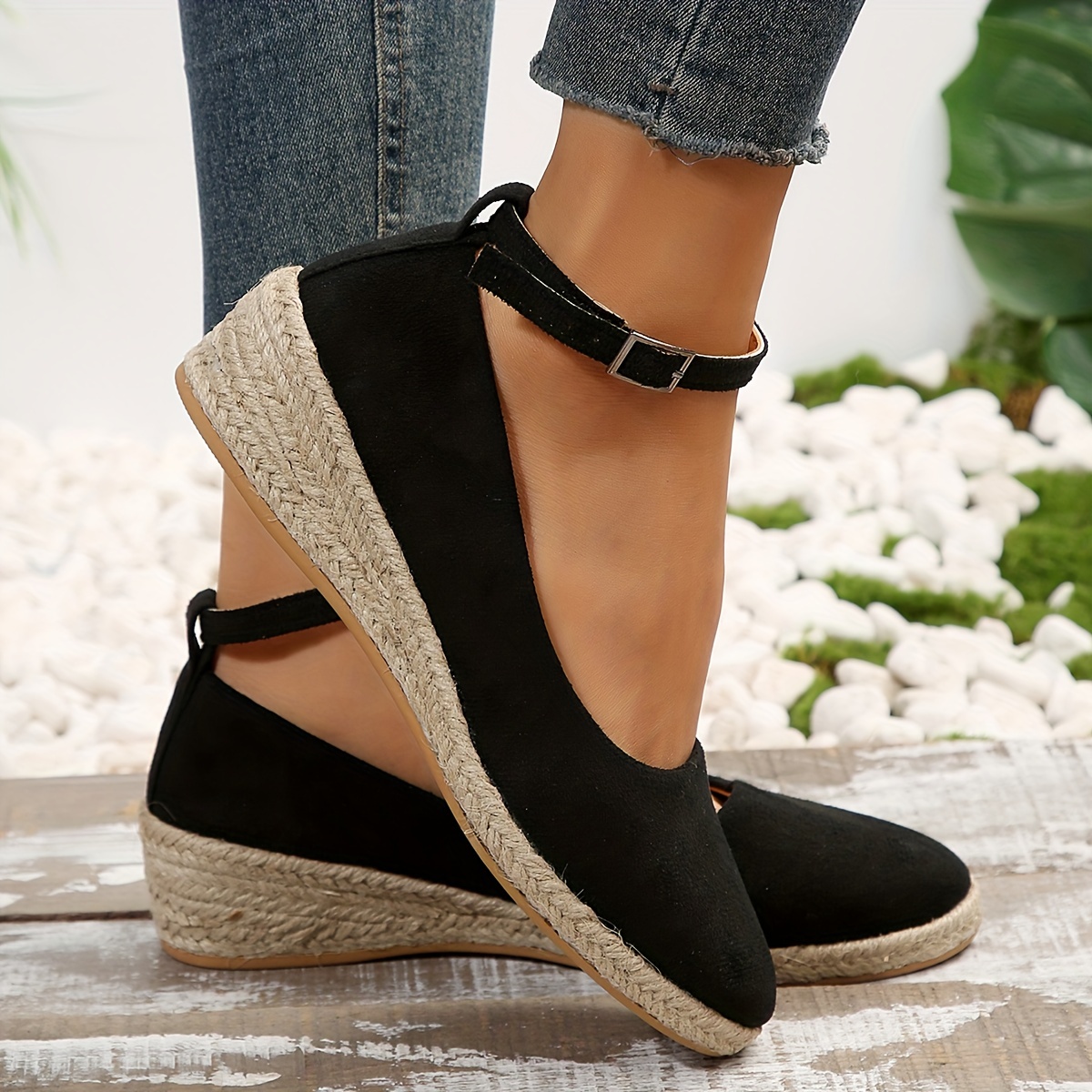 womens espadrilles wedge heel shoes comfy solid ankle buckle strap anti skid heels casual walking shoes details 2