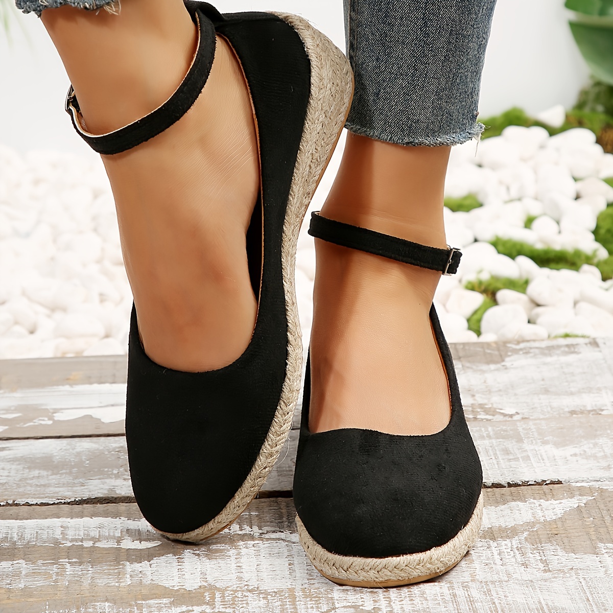 womens espadrilles wedge heel shoes comfy solid ankle buckle strap anti skid heels casual walking shoes details 3