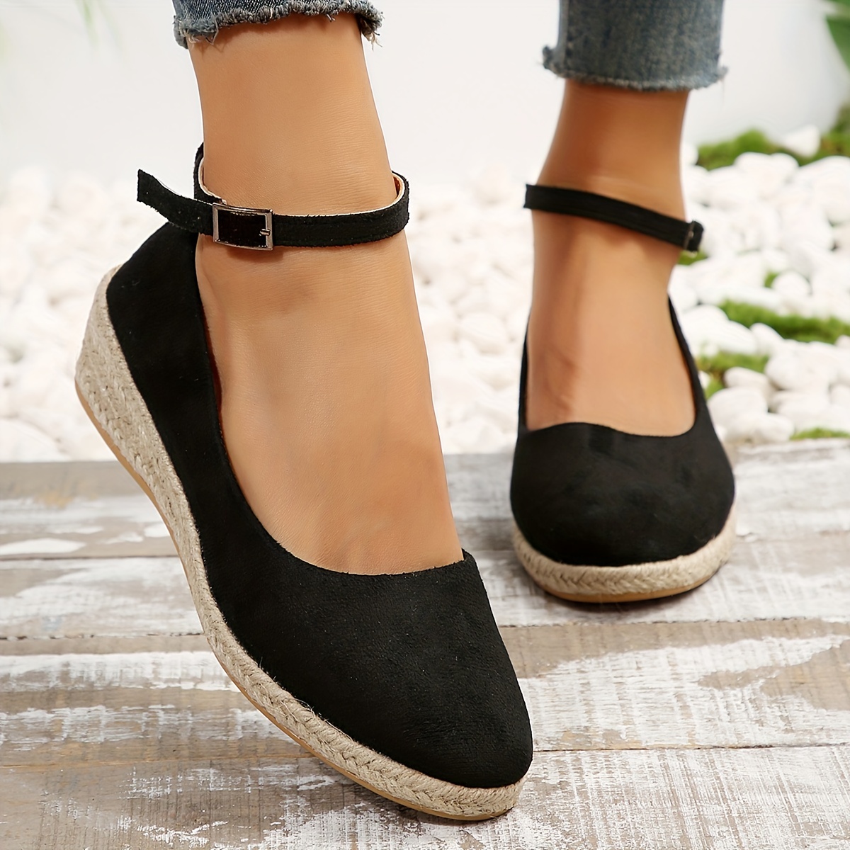 womens espadrilles wedge heel shoes comfy solid ankle buckle strap anti skid heels casual walking shoes details 4