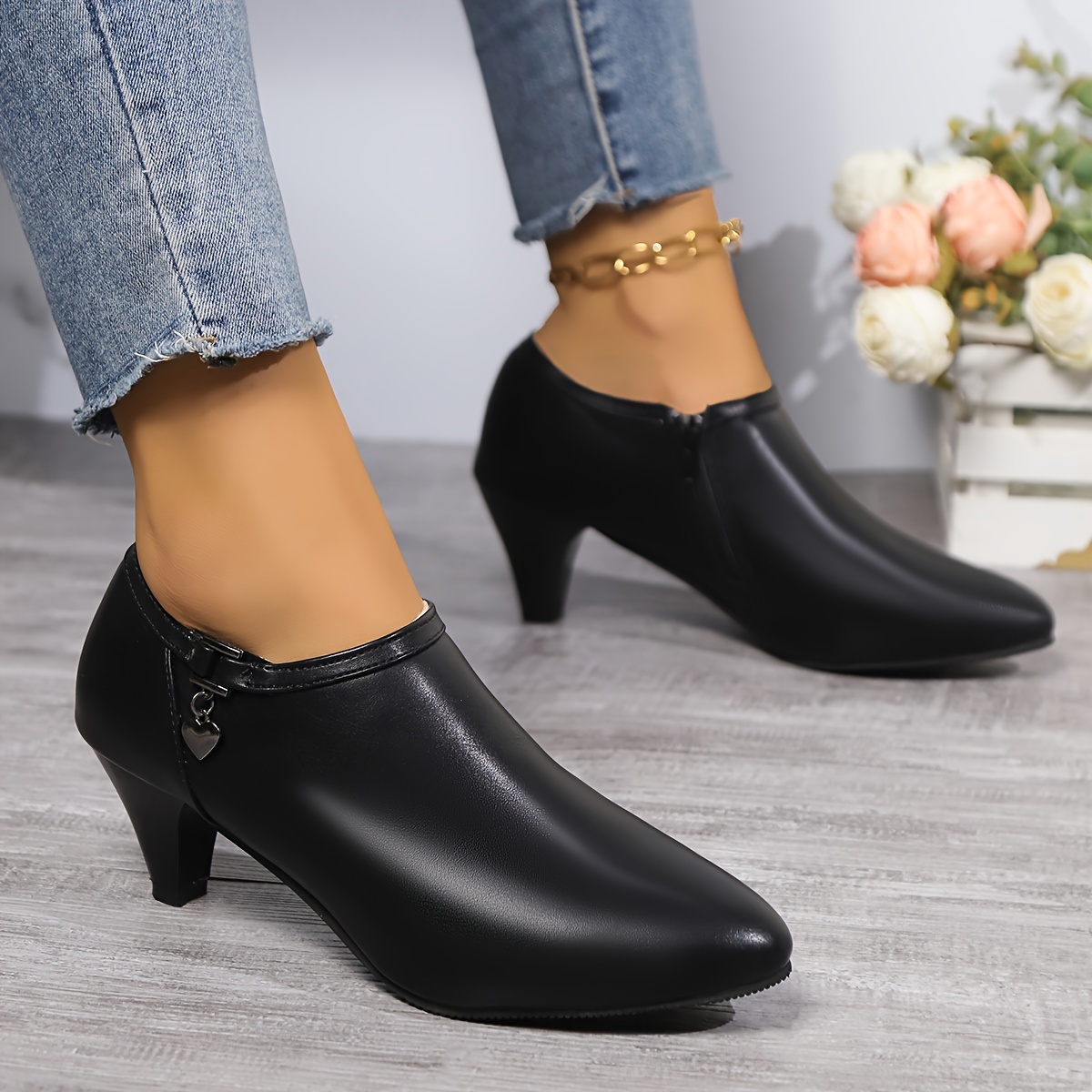 womens pointed toe pumps all match black side zipper low top ankle boots fashion office work shoes details 1