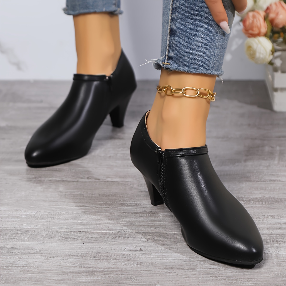 womens pointed toe pumps all match black side zipper low top ankle boots fashion office work shoes details 4