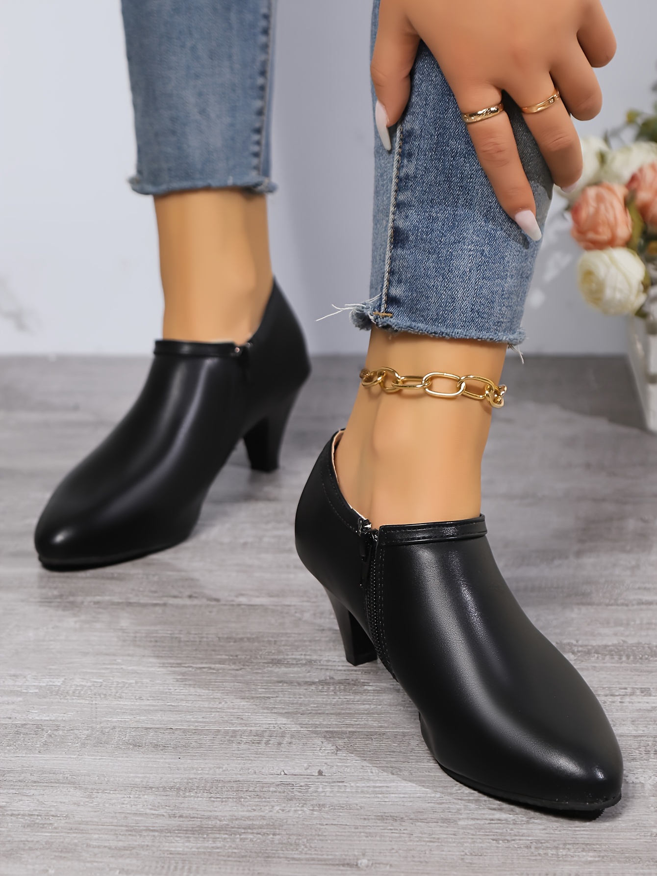 womens pointed toe pumps all match black side zipper low top ankle boots fashion office work shoes details 6