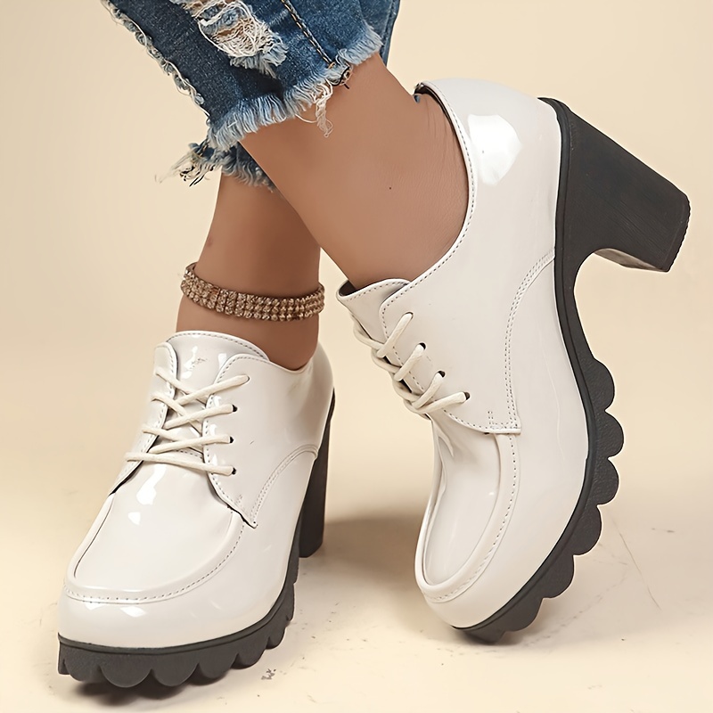 Women s Solid Color Trendy Shoes, Lace Up Soft Sole Chunky Heel Shallow Mouth Shoes, Versatile Round Toe Shoes details 0