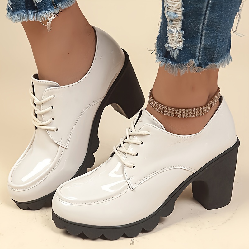 Women s Solid Color Trendy Shoes, Lace Up Soft Sole Chunky Heel Shallow Mouth Shoes, Versatile Round Toe Shoes details 1