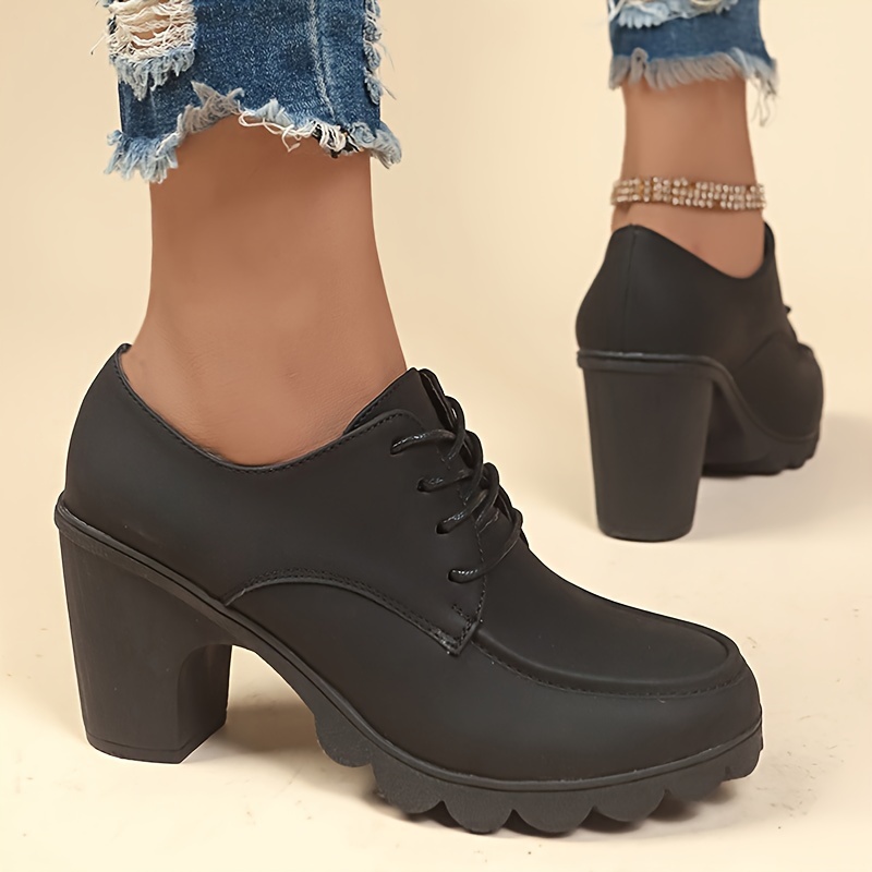 Women s Solid Color Trendy Shoes, Lace Up Soft Sole Chunky Heel Shallow Mouth Shoes, Versatile Round Toe Shoes details 2