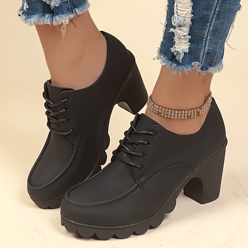 Women s Solid Color Trendy Shoes, Lace Up Soft Sole Chunky Heel Shallow Mouth Shoes, Versatile Round Toe Shoes details 3