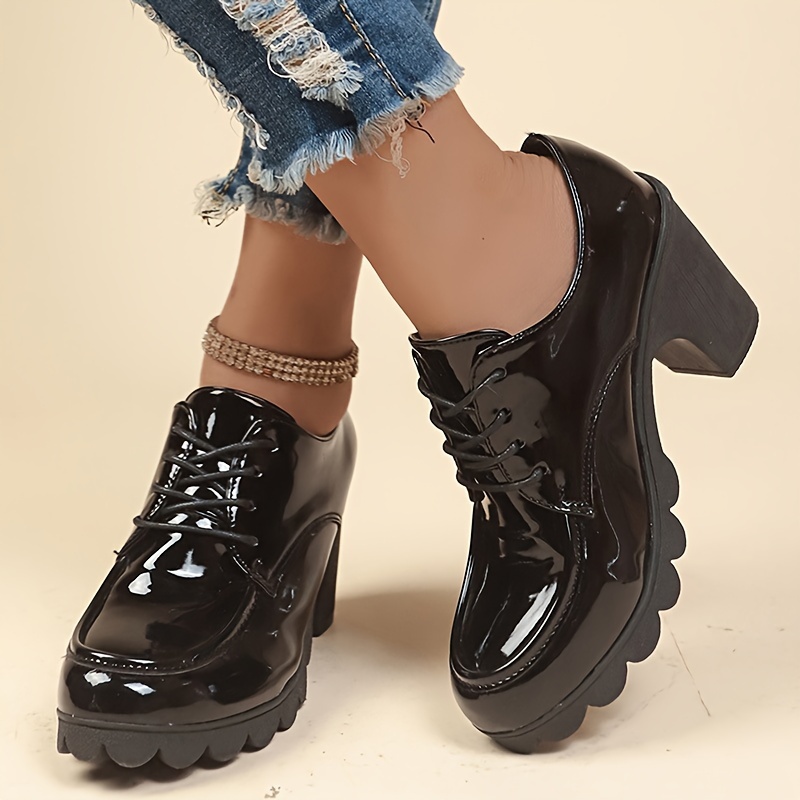 Women s Solid Color Trendy Shoes, Lace Up Soft Sole Chunky Heel Shallow Mouth Shoes, Versatile Round Toe Shoes details 4