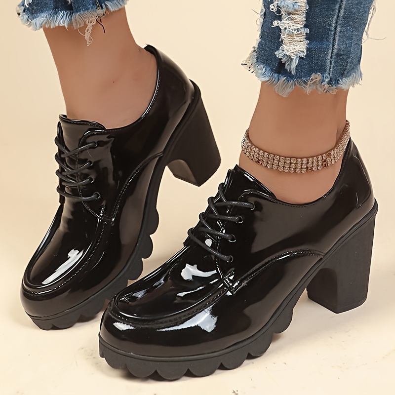 Women s Solid Color Trendy Shoes, Lace Up Soft Sole Chunky Heel Shallow Mouth Shoes, Versatile Round Toe Shoes details 5