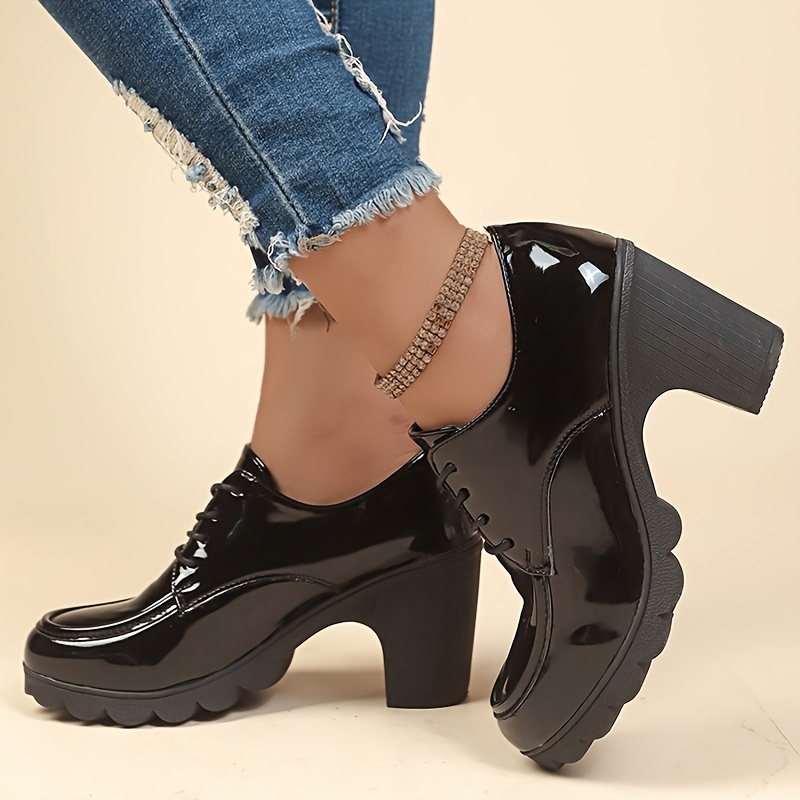 Women s Solid Color Trendy Shoes, Lace Up Soft Sole Chunky Heel Shallow Mouth Shoes, Versatile Round Toe Shoes details 6