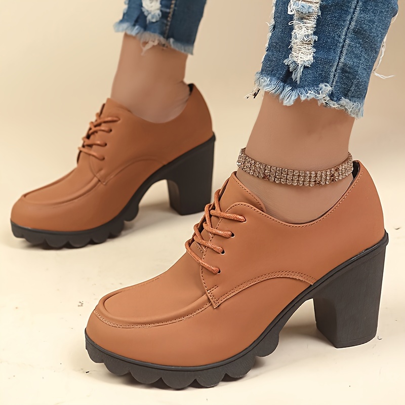 Women s Solid Color Trendy Shoes, Lace Up Soft Sole Chunky Heel Shallow Mouth Shoes, Versatile Round Toe Shoes details 7