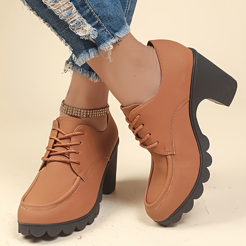 Women s Solid Color Trendy Shoes, Lace Up Soft Sole Chunky Heel Shallow Mouth Shoes, Versatile Round Toe Shoes details 8