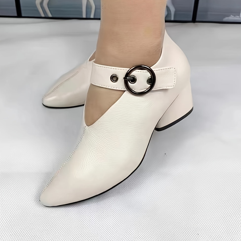 womens solid color trendy shoes ankle buckle comfy chunky heel daily shoes versatile point toe soft sole shoes details 2