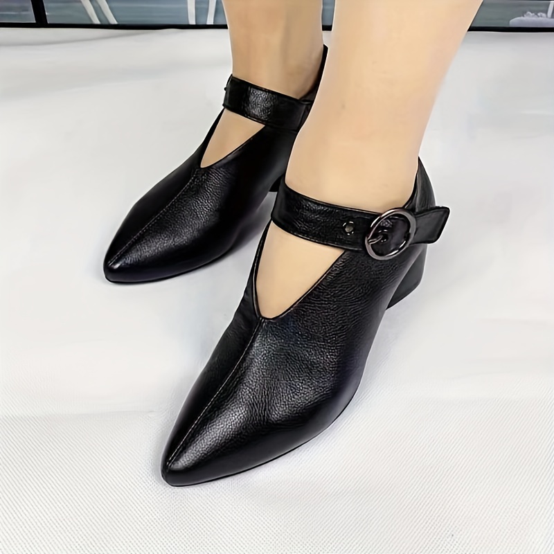 womens solid color trendy shoes ankle buckle comfy chunky heel daily shoes versatile point toe soft sole shoes details 4