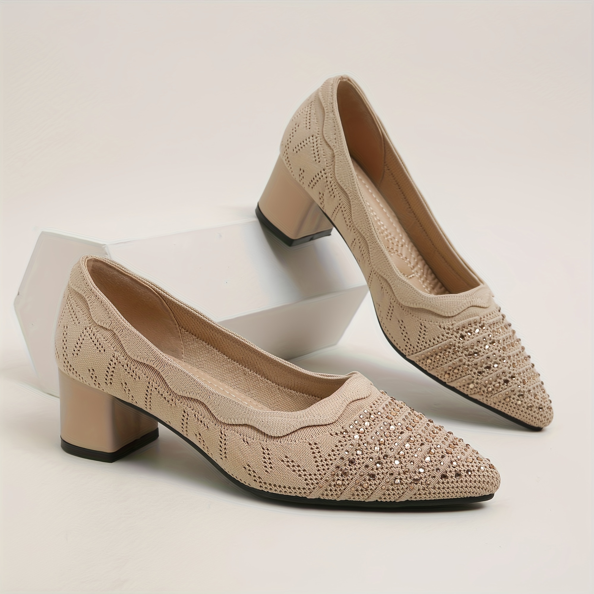 Women s Rhinestone Knitted Pumps, Solid Color Pointed Toe Slip On Chunky Heels, Comfy All-Match Work Shoes details 5