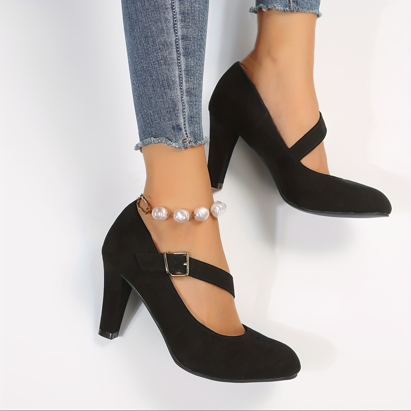 womens solid color block heels elegant buckle strap dress pumps comfortable black heels details 1