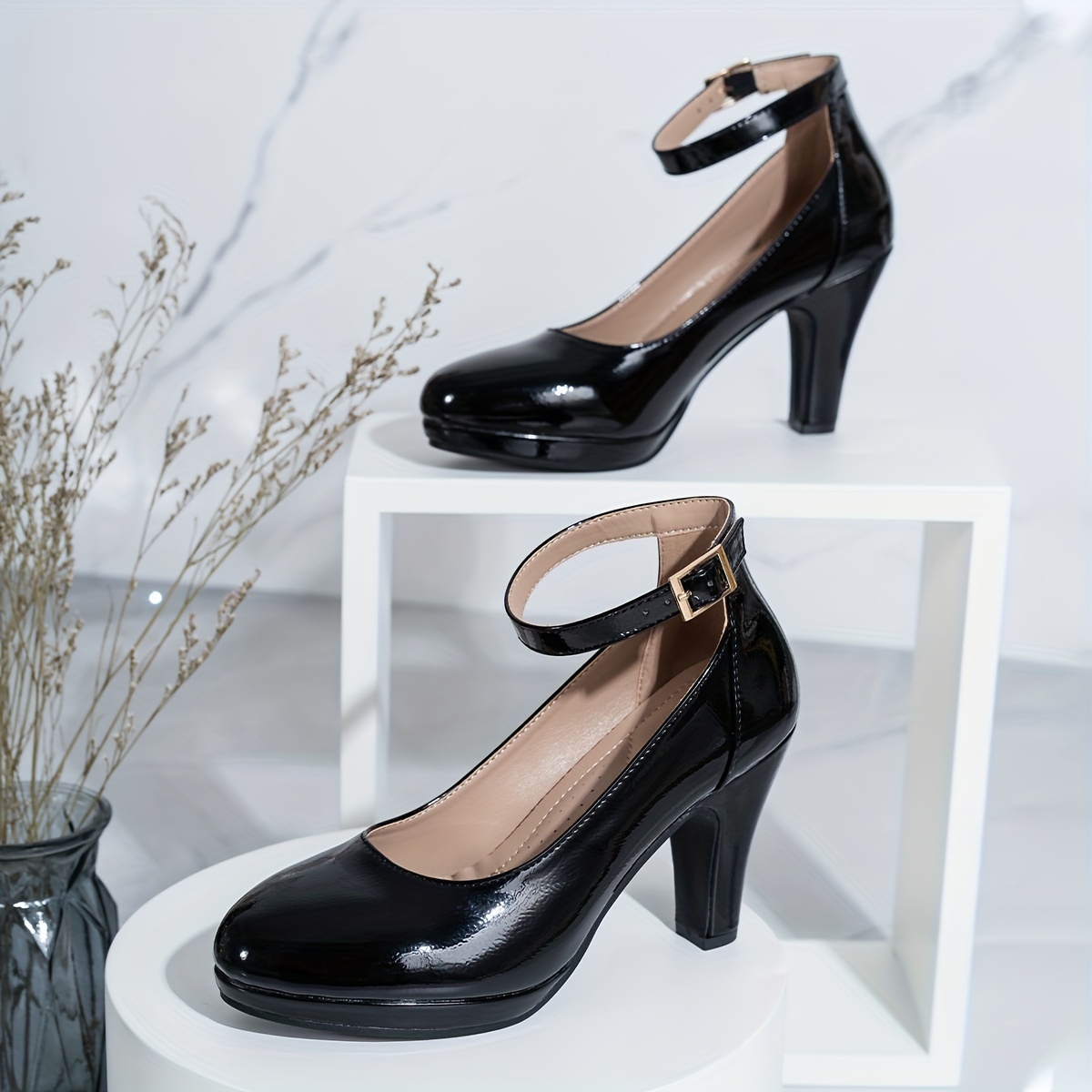 womens ankle strap high heels all match patent leather chunky heeled pumps fashion daily work shoes details 1