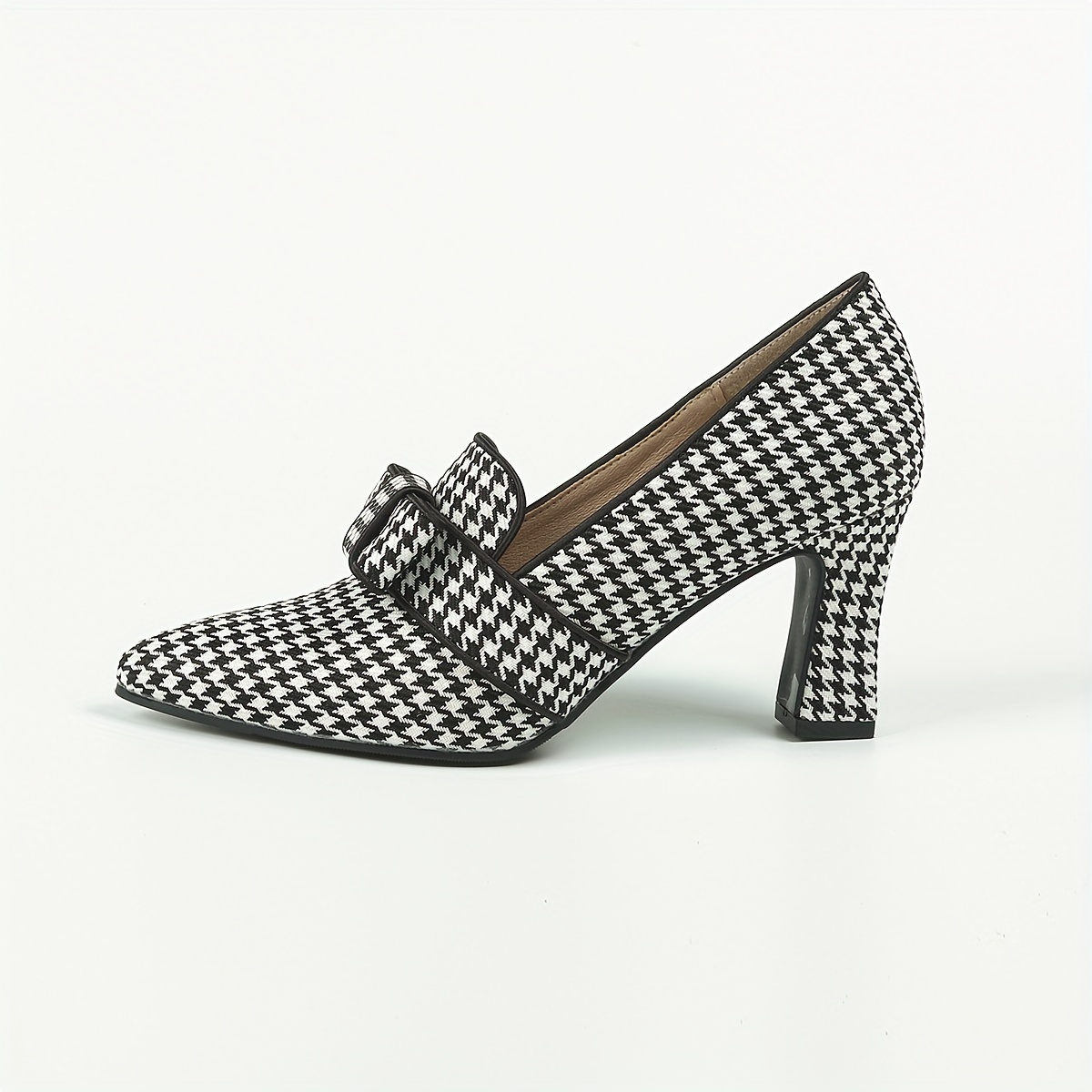 womens houndstooth pumps bowknot pointed toe slip on chunky heels versatile dress high heels details 0