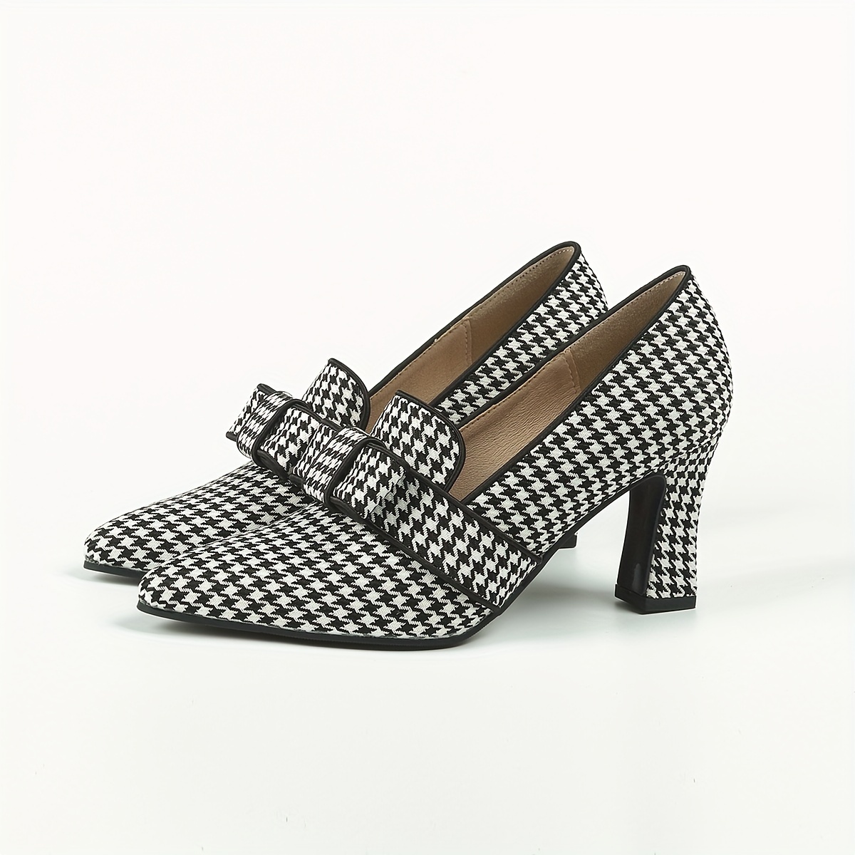 womens houndstooth pumps bowknot pointed toe slip on chunky heels versatile dress high heels details 1