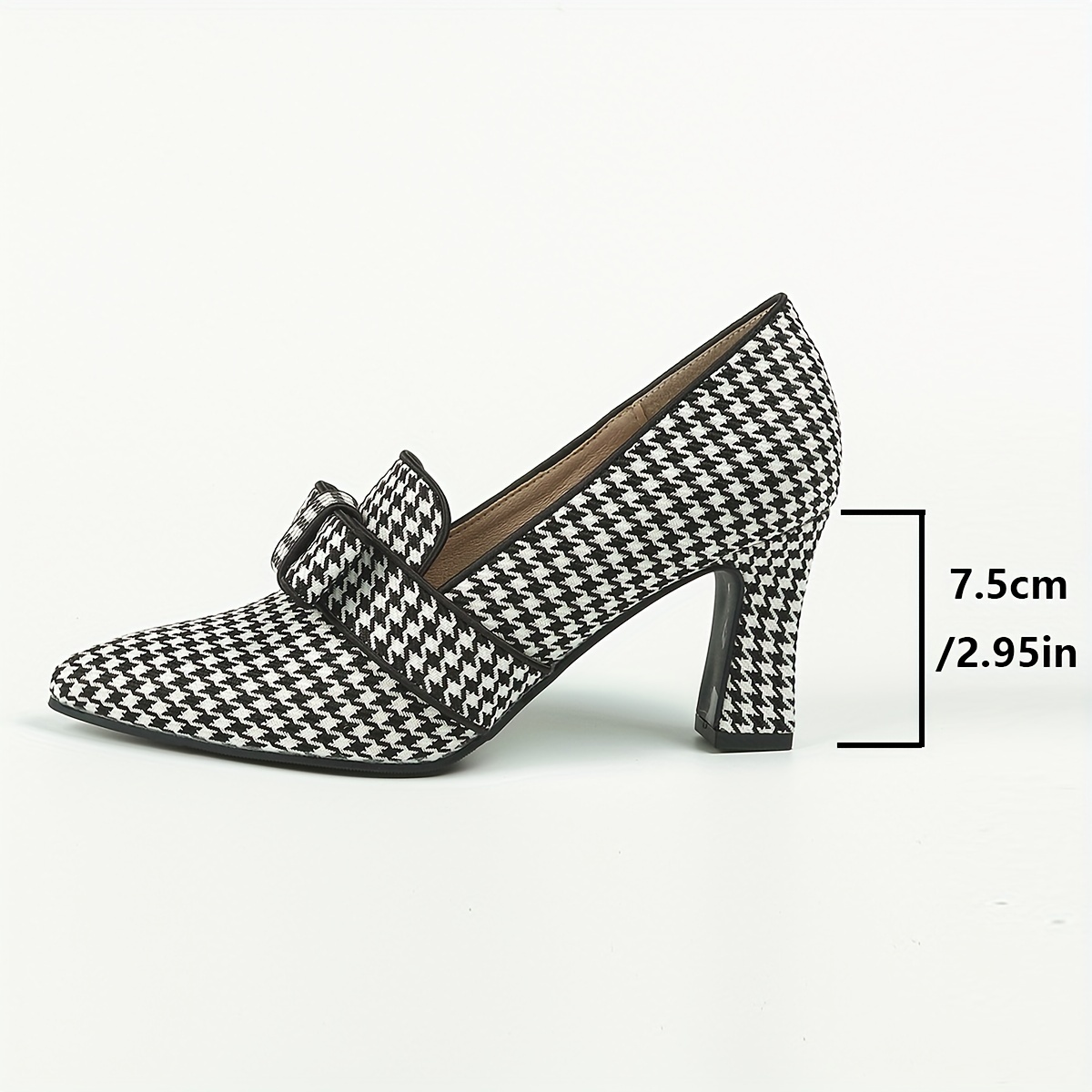 womens houndstooth pumps bowknot pointed toe slip on chunky heels versatile dress high heels details 3