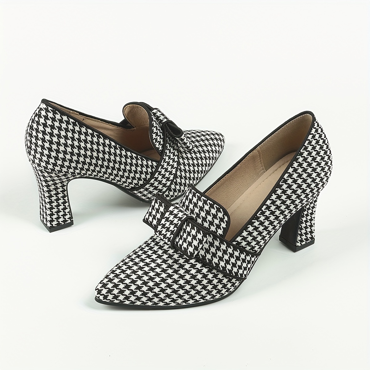 womens houndstooth pumps bowknot pointed toe slip on chunky heels versatile dress high heels details 4