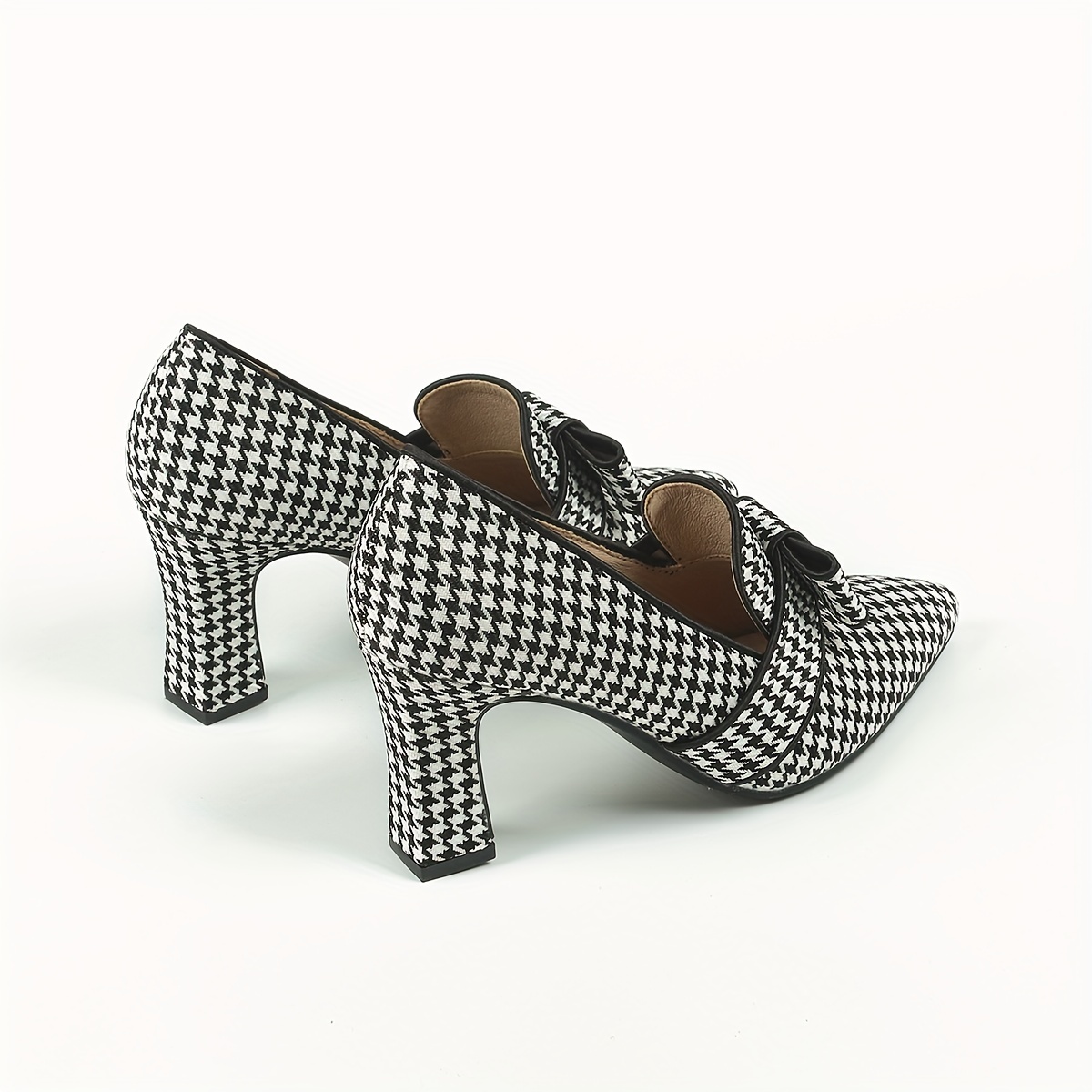 womens houndstooth pumps bowknot pointed toe slip on chunky heels versatile dress high heels details 5