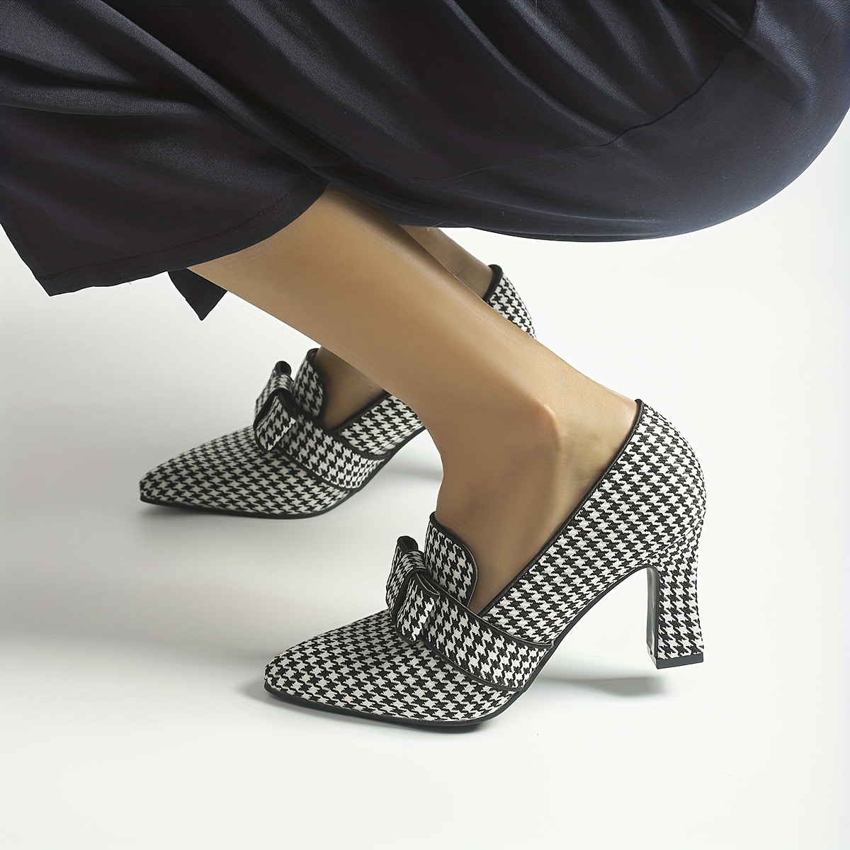 womens houndstooth pumps bowknot pointed toe slip on chunky heels versatile dress high heels details 9