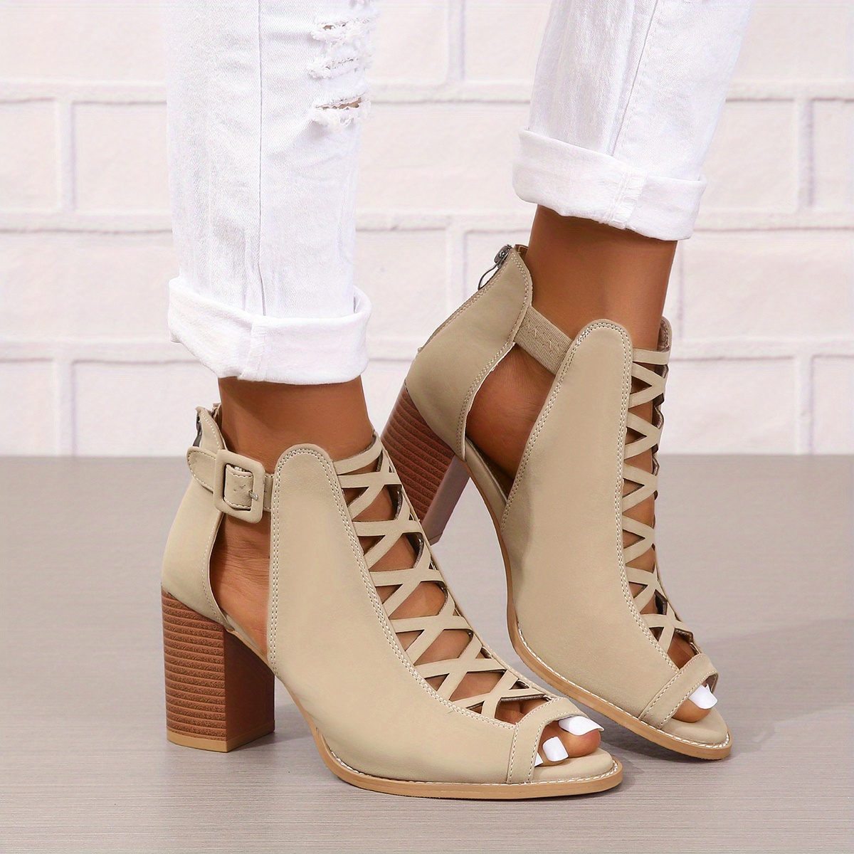 womens chunky heeled sandals peep toe cut out buckle strap stacked heels retro high heels details 2