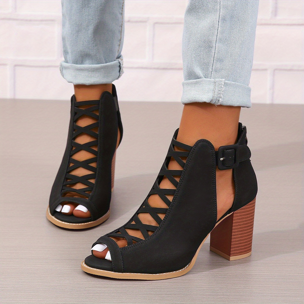 womens chunky heeled sandals peep toe cut out buckle strap stacked heels retro high heels details 9