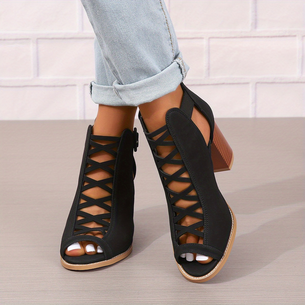 womens chunky heeled sandals peep toe cut out buckle strap stacked heels retro high heels details 10