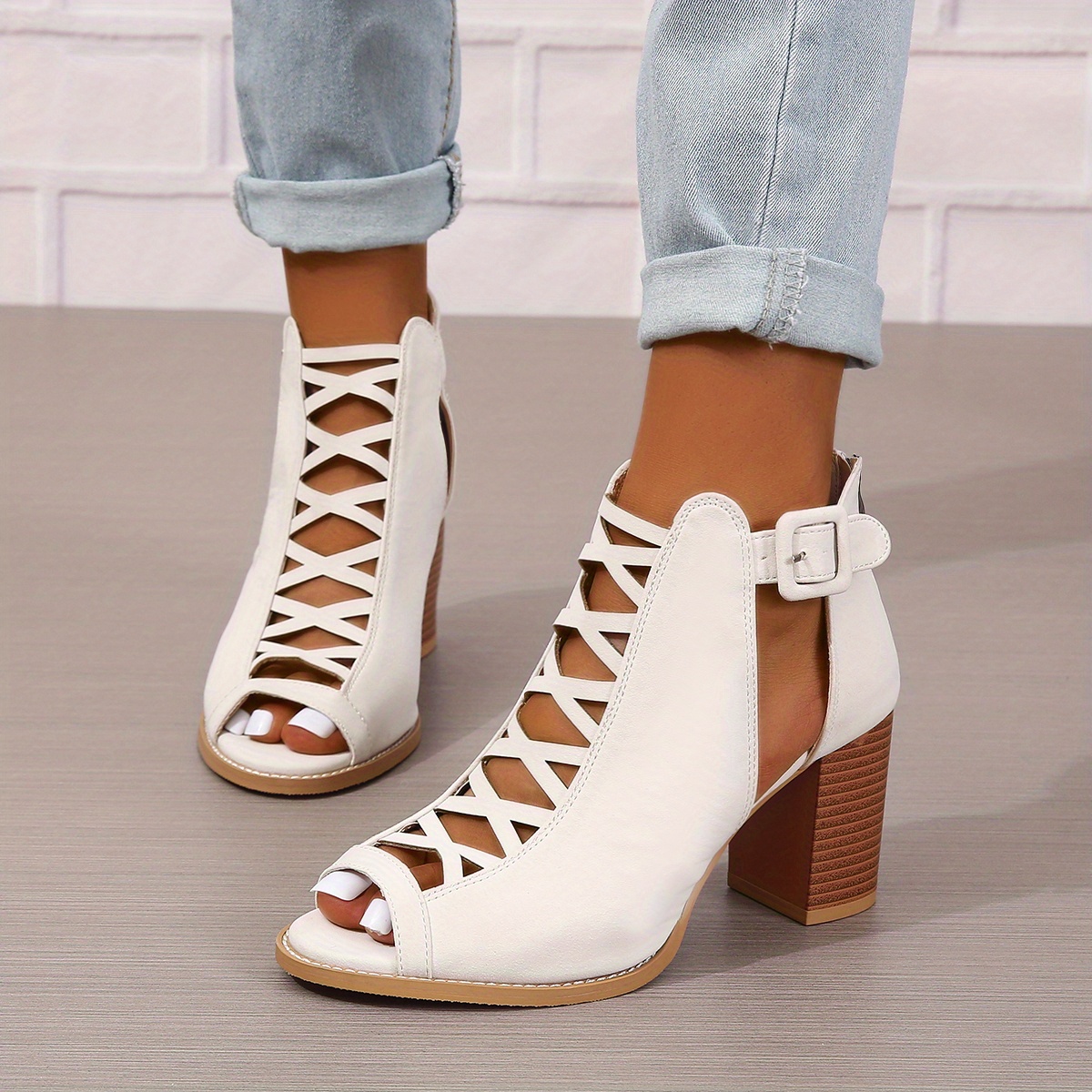 womens chunky heeled sandals peep toe cut out buckle strap stacked heels retro high heels details 12