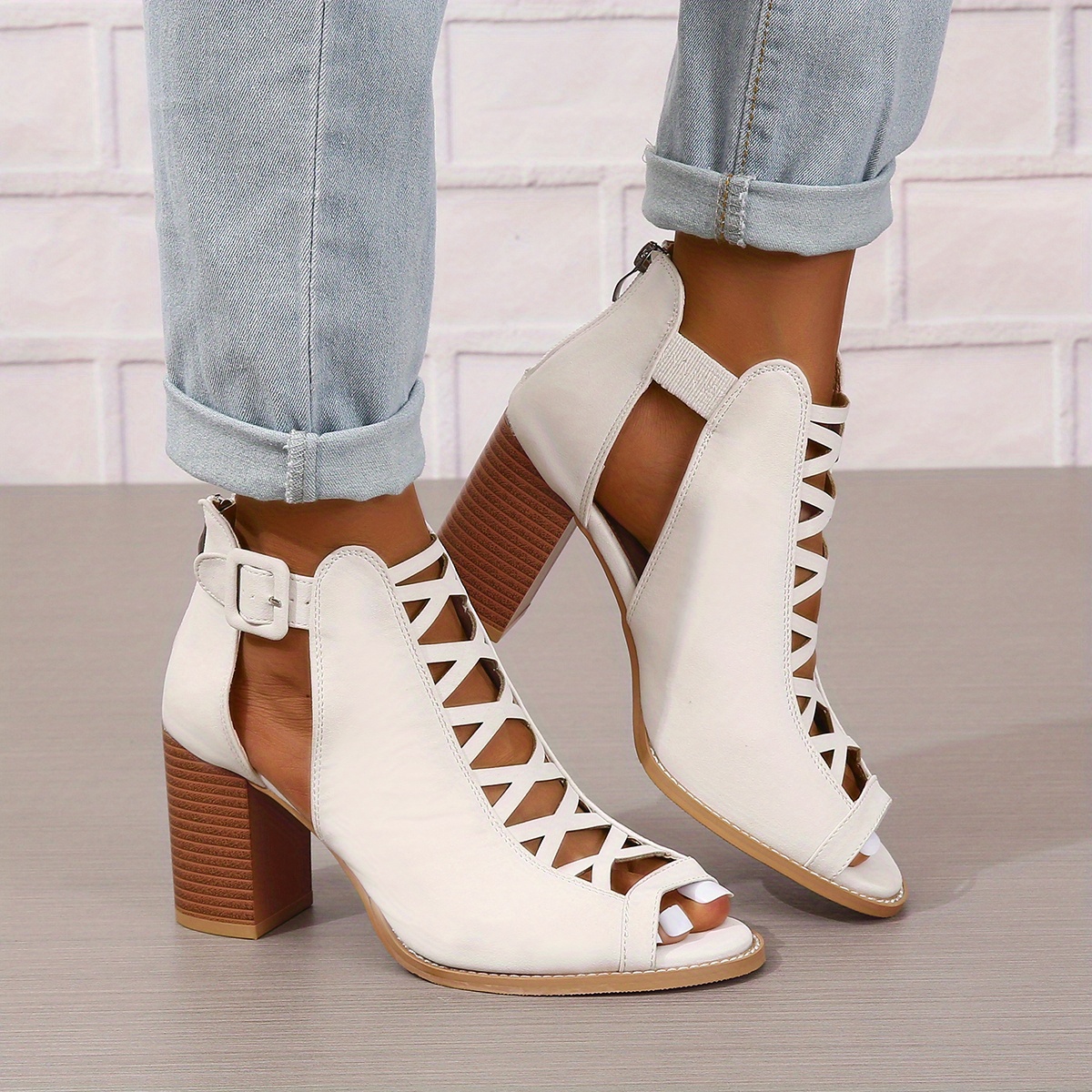 womens chunky heeled sandals peep toe cut out buckle strap stacked heels retro high heels details 14