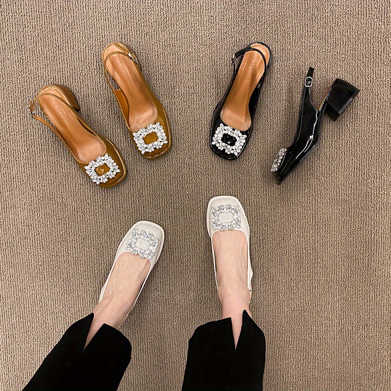 womens retro chunky heel sandals stylish rhinestone decor buckle strap shoes womens fashion slingback shoes details 1