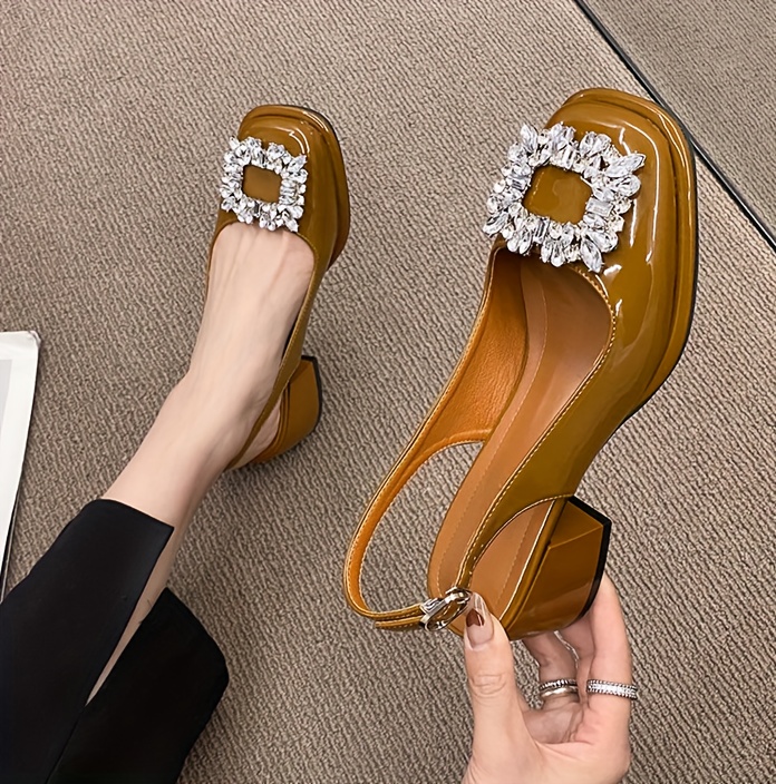 womens retro chunky heel sandals stylish rhinestone decor buckle strap shoes womens fashion slingback shoes details 2