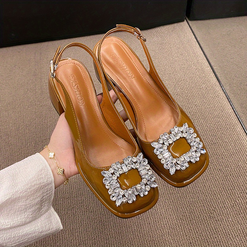 womens retro chunky heel sandals stylish rhinestone decor buckle strap shoes womens fashion slingback shoes details 5